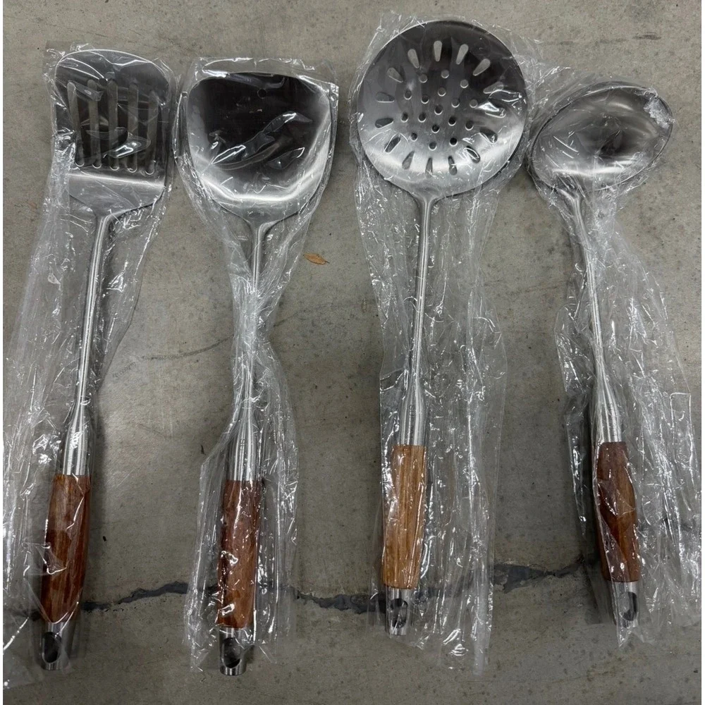 4pc Stainless Steel Kitchen Utensil Set Wood Handle Ladle Skimmer Turner Spatula